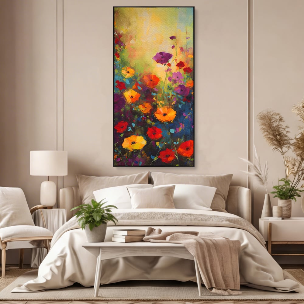 Tablou canvas cu pictura camp cu flori colorate, in rama de aluminiu negru, pe perete intr-un dormitor